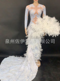 New cross-border hot selling sexy rhinestone floor mopping dress with feather patchwork birthday party dress in Europe and America