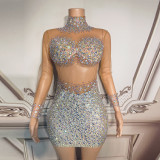 Cross border hot selling rhinestone pearl mesh tight fitting ultra short dress mini skirt performance dress female singer evening dress