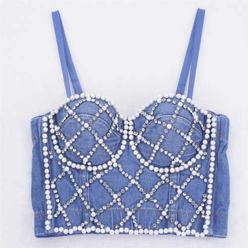 Cross border hot selling Amazon denim bra with chest cushion shaping top, beautiful back, studded beads, camisole, women's trend