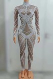 Hot selling European and American feng shui diamond sequin mesh transparent long sleeved jumpsuit elastic hip wrap jumpsuit stage performance clothing