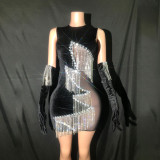 Cross border hot selling in Europe and America, sexy rhinestone tassel, ultra short skirt, gloves, mini skirt, female singer performance dress, evening dress