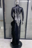 STOCK cross-border hot selling black and white long sleeved sequined rhinestone wrapped buttocks long dress birthday party performance dress