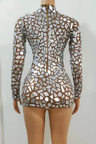 Cross border European and American female singer long sleeved brown mesh lens dress sexy tight nightclub party mini skirt