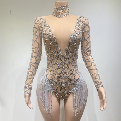 AliExpress Europe and America cross-border hot selling sexy backless sequins tassel wrap buttocks jumpsuit stage performance Costume