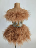 New mesh lace edge sexy buttocks wrapped dress, rhinestone pearl nightclub fluffy dress, evening performance mini skirt