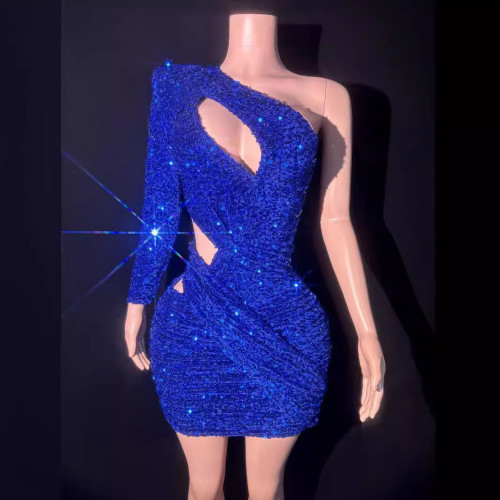 New European and American style blue fine sparkling sequins sexy hollow out diagonal shoulder design dress evening dress