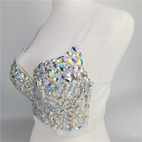 Cross border performance suit hand sewn AB colored diamond bra, careful machine internet celebrity nightclub performance suit sequin belly dance suspender for women