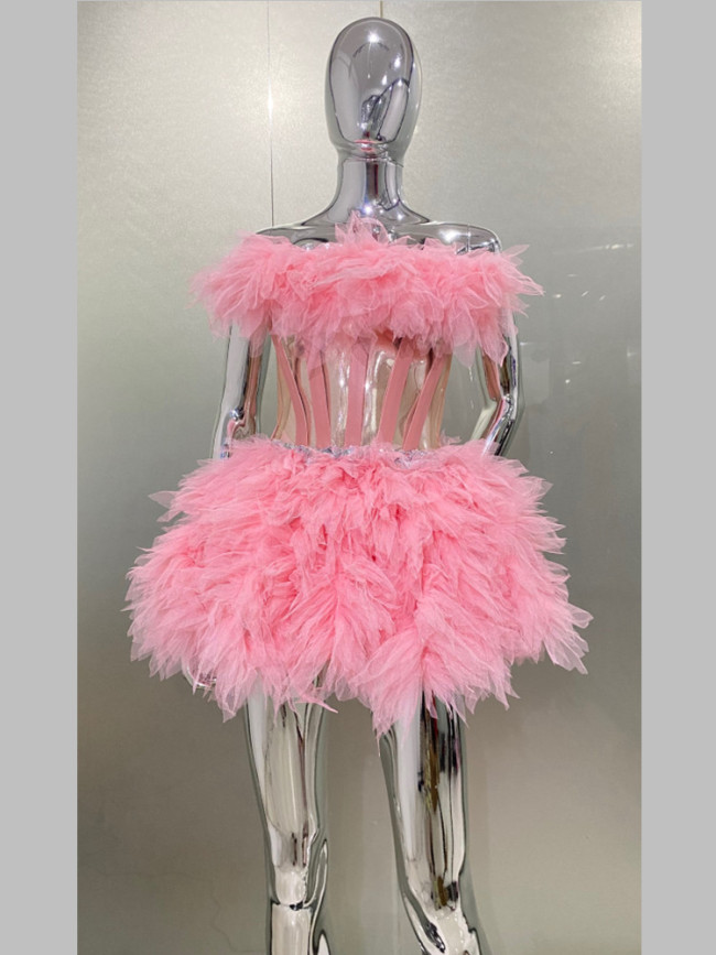 AliExpress cross-border hot selling sleeveless pink fluffy skirt sexy stage performance clothing birthday party