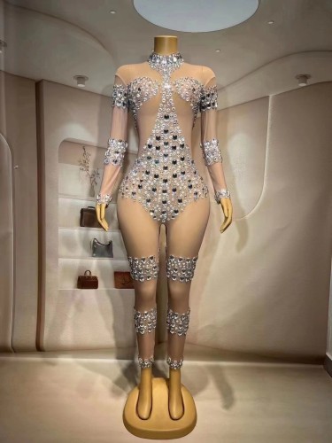 Hot selling internet celebrity in Europe and America, pearl diamond bag buttocks jumpsuit with high elasticity, bar singer performance costume, performance costume