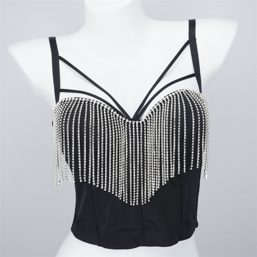 External cross diamond fringe chain design with a sense of niche lingerie integrated stage bra short top