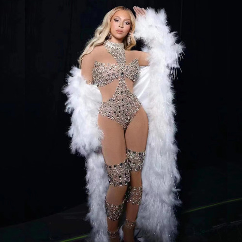 Hot selling internet celebrity in Europe and America, pearl diamond bag buttocks jumpsuit with high elasticity, bar singer performance costume, performance costume