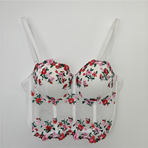 European and American New Embroidery Sexy Amazon Cross border Flower Fashion Strap Top Bra