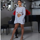 New European and American female singer long sleeved sequin tight fitting buttocks dress Christmas nightclub birthday party dress