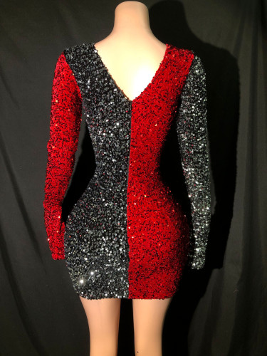 Cross border hot selling sequins in Europe and America, long sleeved hollowed out short skirts, mini skirts, evening dresses, nightclubs, female singer performance costumes