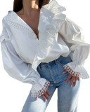 Spring Women's European and American Shirts Sexy Deep V-neck Wooden Earrims Long Sleeves Fashionable Spliced Lace Shirts