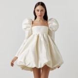 Autumn French Bubble Sleeves Satin Princess Ding Dress Small Dress Long Sleeves Square Neck Palace Style Dress Women