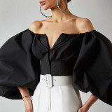 French Style Spring New Design Sense Long sleeved Bubble Lantern Sleeves Leakage Shoulder European and American Women's Shirt Top