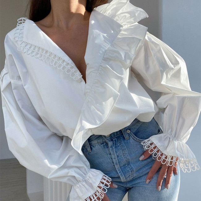 Spring Women's European and American Shirts Sexy Deep V-neck Wooden Earrims Long Sleeves Fashionable Spliced Lace Shirts