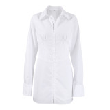Wearing a new white polo shirt dress in autumn, European and American commuting looks slimmer with a waist cinched long sleeved dress, foreign trade women's clothing