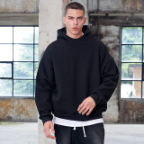 Spot trendy brand short double layered hat heavyweight hoodie, European and American fashion ribbed side seam high neck plush men's hoodie
