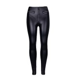Dark and sexy futuristic peach buttocks PU tight high waisted leather pants for women with ankle zippers, motorcycle slim fit pants for women