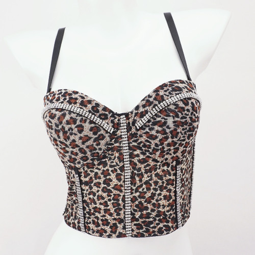 French mesh floral fishbone suspender vest for women in summer, worn both inside and outside with spicy leopard print short top with chest pad