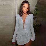 European and American style cross-border new sexy spicy girl dress with deep V steel ring showing chest, shoulder pads, pleats, long sleeves, buttocks wrapped skirt for women