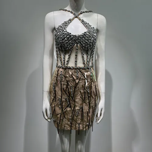Cross border European and American suspender rhinestone sleeveless mesh hollow sequin tight fitting dress, mini skirt, evening dress, performance dress