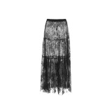 Black Sexy Perspective Lace High Waist Commuter Skirt, European and American New Fashion Cross border Long Skirt for Women