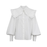 French style court style doll neck white pure cotton shirt for women in autumn and winter, European and American fungus edge long sleeved shirt