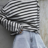 Cross border European and American loose striped T-shirt for women's autumn new long sleeved minimalist and versatile street style