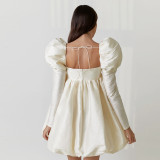 Autumn French Bubble Sleeves Satin Princess Ding Dress Small Dress Long Sleeves Square Neck Palace Style Dress Women