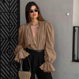 Autumn French Style Fashionable Jacquard Chiffon Shirt for Women's Small Stand Loose Ruffle Edge Bubble Sleeve Shirt Top