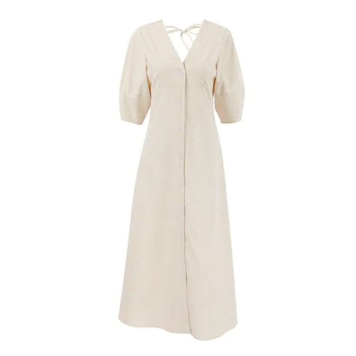 French light cooked beige cotton and linen bubble sleeved dress for women's summer backless loose V-neck shirt skirt long skirt