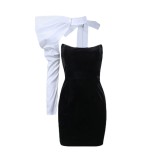 Cross border European and American style new special one shoulder bow top small dress two-piece fishbone slimming dress for women