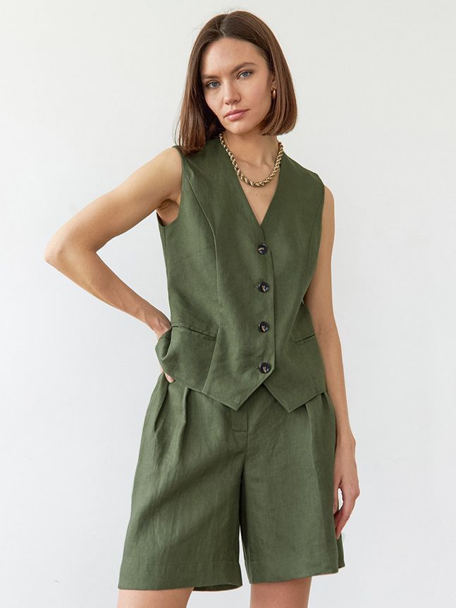 European and American Instagram Green Vest Wide Leg Pants Two Piece Loose Summer Fashion Casual Cotton Linen Set Women's Clothing