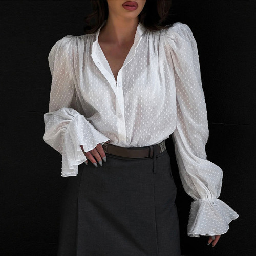 Autumn French Style Fashionable Jacquard Chiffon Shirt for Women's Small Stand Loose Ruffle Edge Bubble Sleeve Shirt Top