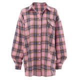 European and American retro classic plaid shirt fashionable new pink plaid top versatile trend lapel loose fitting shirt