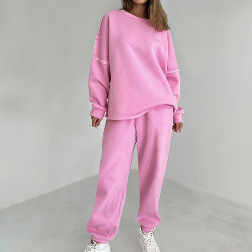Pink round neck sport plush hoodie with high waist and pants set, European and American new autumn fashionable foreign trade women's clothing
