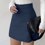 Autumn and Winter New European and American Cross border Commuter Split Half Skirt Fake Two Pieces High Waist A-line Skirt Blue Versatile Short Skirt for Women