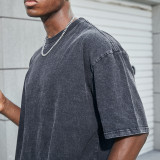 New vintage high street trendy brand washed dark printed short sleeved men's vintage medium sleeved distressed T-shirt