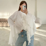 White chiffon design, round neck, flared sleeves, ruffled edges, women's shirt, European and American spring and summer new fashionable women's shirt