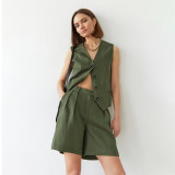 European and American Instagram Green Vest Wide Leg Pants Two Piece Loose Summer Fashion Casual Cotton Linen Set Women's Clothing