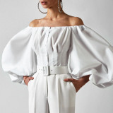 French Style Spring New Design Sense Long sleeved Bubble Lantern Sleeves Leakage Shoulder European and American Women's Shirt Top