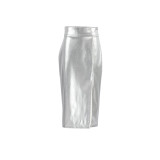 Silver artificial leather futuristic high waisted split skirt, European and American new autumn fashion foreign trade women's clothing