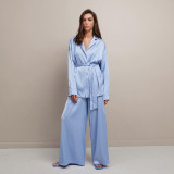 Spring and summer solid color women's home clothing satin colored Ding top and pants casual loose pajama set can be worn externally