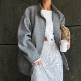 Grey woolen jacket with a stand up collar, European and American style, new autumn and winter haute couture, versatile top for foreign trade commuting for women