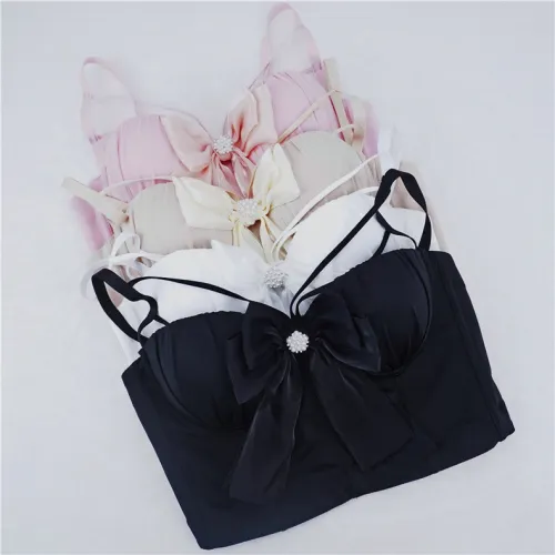 New black tight fitting foreign trade shirt with fish bone for external wear, slimming and shaping bow, new cross pleated bra