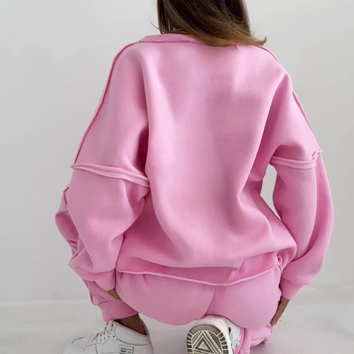 Pink round neck sport plush hoodie with high waist and pants set, European and American new autumn fashionable foreign trade women's clothing
