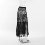 Black Sexy Perspective Lace High Waist Commuter Skirt, European and American New Fashion Cross border Long Skirt for Women